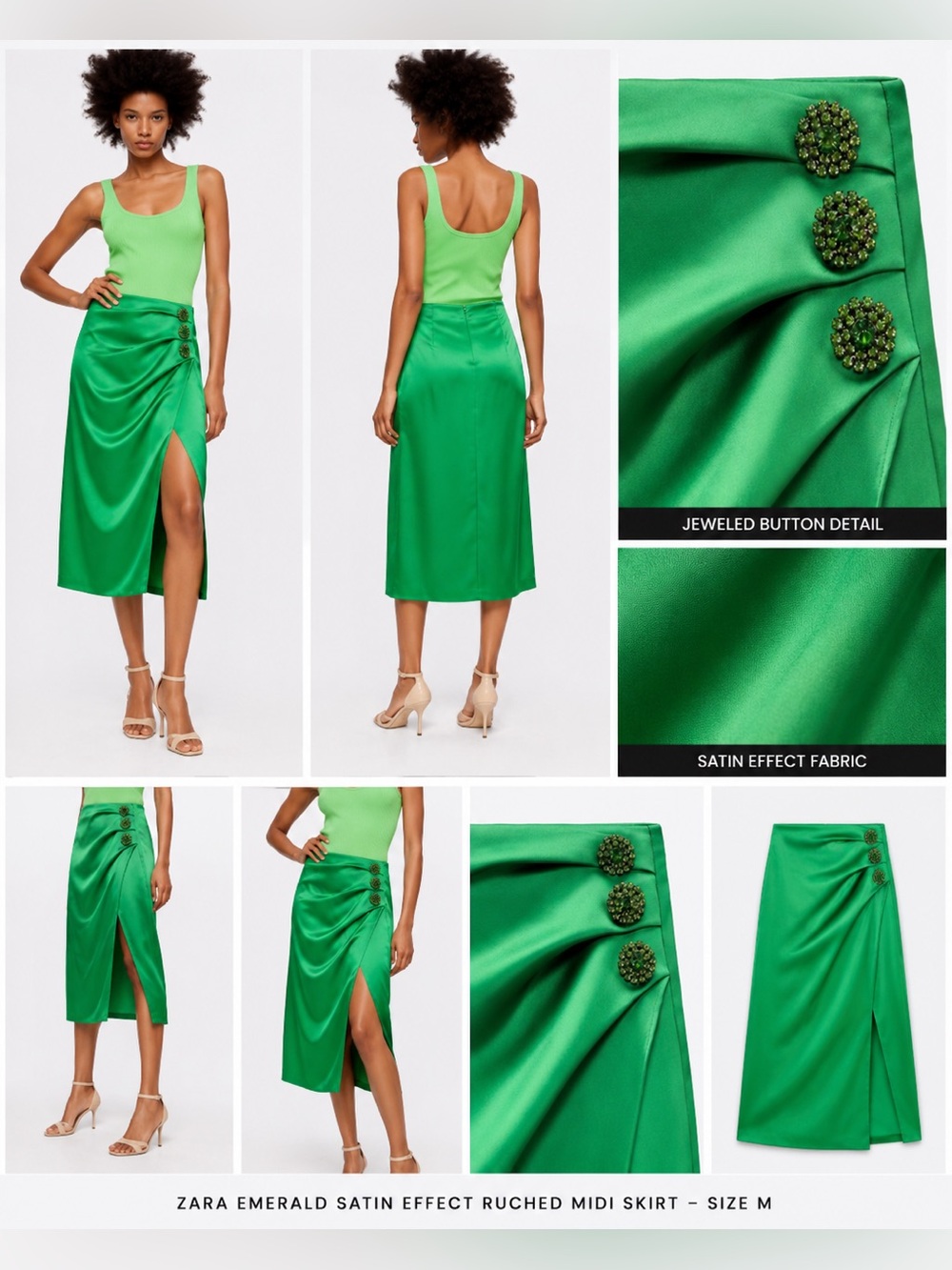 Zara Emerald Green Satin Effect Ruched Midi Skirt Size M | Jeweled Button Detail